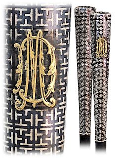 143. Tula Silver and Gold Dress Cane -Ca. 1900 -Straight and tapering Tula silver handle with an oval top entirely decorated with a repeating, interlo