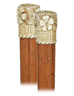144. Bone Day Cane -Ca. 1900 -Cylindrical bone knob carved in a stylized basket shape with flowers ending with an integral twist rope collar, well-dre