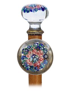 151. Mascot Paperweight Dress Cane -Ca. 1860 -Flattened mushroom millefiori glass knob beautifully displaying various canes made from colored rods to 