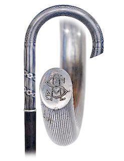 157. Tula Silver Dress Cane -Ca. 1900 -Sizeable and well-proportioned Tula silver crook handle of plain cylindrical shape decorated with an encircling