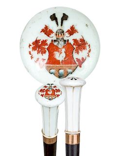 166. Porcelain Noble Man Cane -Ca. 1840 -Large and straight mushroom shaped white porcelain handle with an octagonal stem highlighted with gold lines 