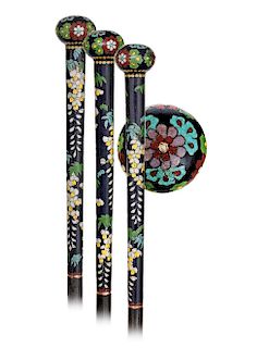 173. Cloisonné Enamel Cane -Ca. 1890 -Shippo enamel handle with a flattened ball top on an integral, long and tapering stem, ebonized hardwood shaft a