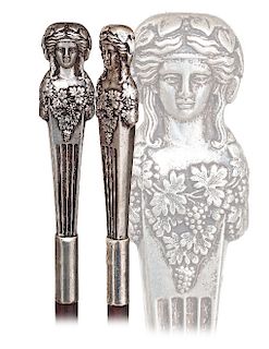 175. Silver Dress Badine Cane -Ca. 1900 -Straight and long figural silver handle finely modeled with two identical caryatides against one another, ebo