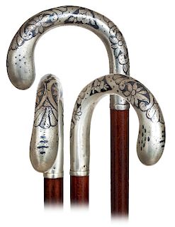 194. Tula Silver Dress Cane -Ca. 1900 -Sizeable and well-proportioned Tula silver crook handle decorated in the Art Nouveau taste with blooms within v