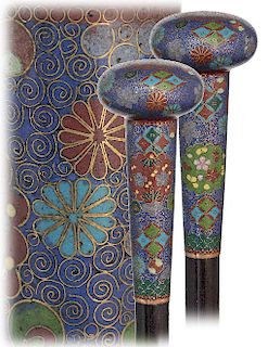 66. Cloisonné Enamel Cane -Ca. 1890 -Large Shippo enamel handle with a substantial round and flattened knob on its integral long and tapering stem pro