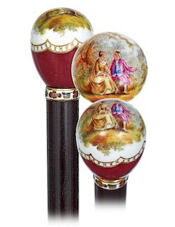 75. Porcelain Indoor Cane -Ca. 1900 -Egg shaped porcelain knob finely painted on the widening top with a gallant scene in a garden landscape and on th