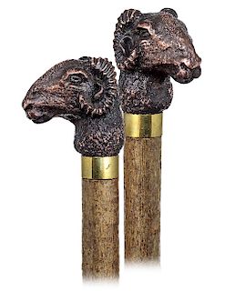 77. Bronze Ram Cane -20th Century -Well-modeled and heavy cast Ram had with curving horns, plain gold color metal collar, ash shaft and a metal ferrul