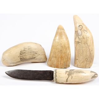 Alaskan Scrimshawed Whale Tooth AND Knife with Walrus Ivory Handle, From the Collection of William H. Saunders, M.D. and Putzi Saunders, Ohio
