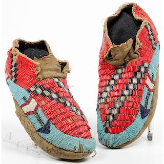 Plateau Beaded Hide Soft-Soled Moccasins, From an Old Nebraska Collection