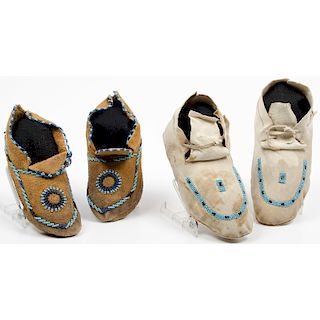 Plains Beaded Hide Moccasins, Including One Marked "101 Ranch", From an Old Nebraska Collection