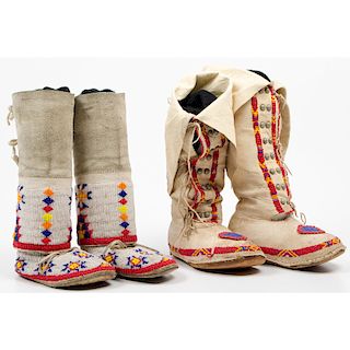 Plains Child's Beaded Hide Boot Moccasins, From an Old Nebraska Collection