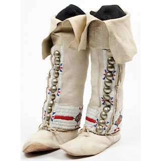 Cheyenne Beaded Hide Boot Moccasins, From an Old Nebraska Collection