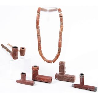 Collection of Catlinite Pipe Bowls, and Strand of Beads