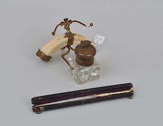 Boar's Tusk Inkwell Stand, Cased MOP Pen