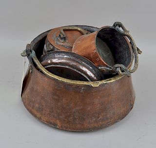 Three Brass Handled Copper Pots & Bowl
