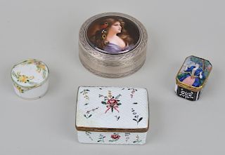 Three Small Continental Enamel, One Porcelain Box