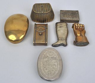 Five Brass Match Safes & Two Tobacco Boxes
