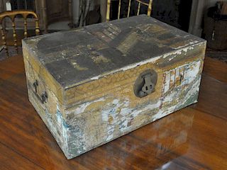 Small Asian Paint Decorated Pigskin Trunk