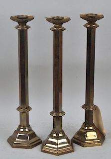 Three Victorian Brass Weighted Candlesticks