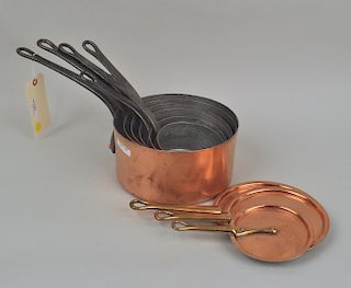 Group Six Graduated Copper Pots, Three Lids