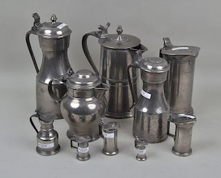 Two Pewter Pitchers & Eight Pewter Flagons