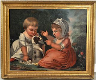 Folk Art O/P Portrait of Two Children with Dog