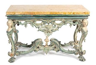 An Italian Baroque Style Painted Marble Top Console Table Height 33 x width 49 1/2 x depth 24 inches.