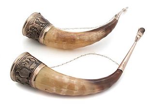 A Pair of Silverplate Mounted Hunting Horns Length 15 1/2 inches.
