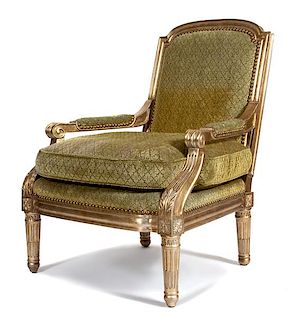 A Louis XVI Style Giltwood Fauteuil Height 41 1/2 inches.