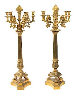 A Pair of Large Empire Style Gilt Bronze Six-Light Candelabra Height 37 3/4 inches.