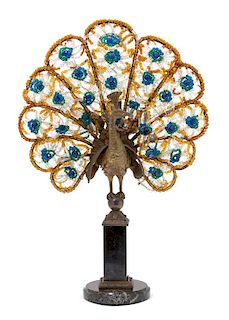 A Czechoslovakian Beaded "Peacock" Lamp Height 24 inches.