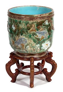A Majolica Porcelain Jardinière Height 18 inches.