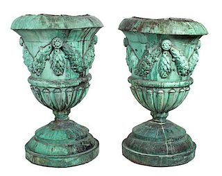 A Pair of Large Patinated Copper Jardinières Height 52 inches.