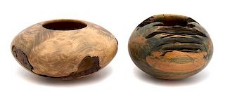 Two Turned Wood Low Bowls Height of largest 9 x diameter 10 inches.