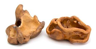 Four Turned Wood Bowls and Burl Specimens Height of largest 9 x width 10 x depth 9 inches.
