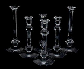 A Group of Val St. Lambert Glass Candlesticks Height of tallest 12 inches.
