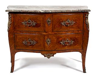 A Louis XV Style Gilt Bronze Mounted Tulipwood Commode Height 32 x width 43 x depth 21 1/2 inches.