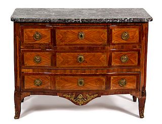 A Louis XV/XVI Transitional Gilt Bronze Mounted Tulipwood Commode Height 33 x width 44 1/2 x depth 21 inches.