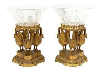 A Pair of Empire Style Gilt Bronze and Cut Glass Centerpiece Bowls Height 11 inches.
