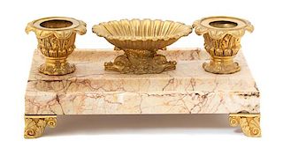 A Neoclassical Gilt Bronze and Marble Encrier Width 10 1/2 inches.