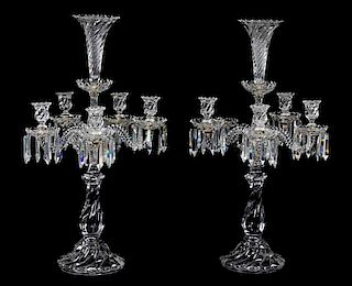 A Pair of Baccarat Molded Glass Candelabra Height 27 1/4 inches.