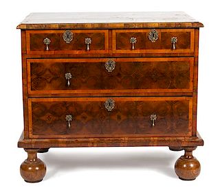A William & Mary Oysterwood Chest of Drawers Height 31 x width 34 x depth 23 inches.