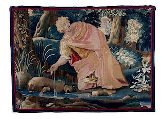 A Continental Wool and Silk Tapestry Height 60 x width 76 inches.