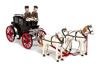 A Folk Art Carved and Painted Wood Two-Horse Carriage and Riders Length 40 inches.