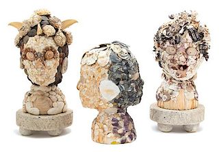 Three Shell-Encrusted Busts Height of tallest 15 inches.