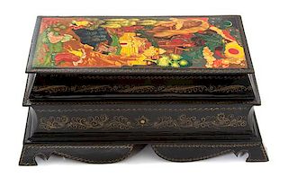 A Russian Lacquered Two-Tiered Covered Box Height 4 1/2 x width 11 x depth 6 1/2 inches.