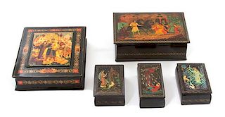 A Group of Five Russian Lacquered Boxes Width of largest 6 3/4 inches.