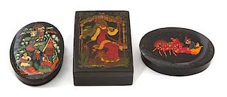 A Group of Three Russian Lacquered Boxes Width of largest 4 3/4 inches.