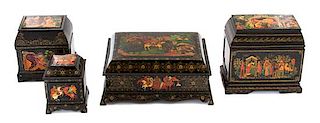 A Group of Four Russian Lacquered Footed Covered Boxes Width of largest 9 1/2 inches.