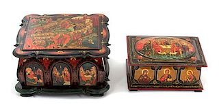 Two Russian Lacquered Covered Boxes Width of largest 7 1/2 inches.